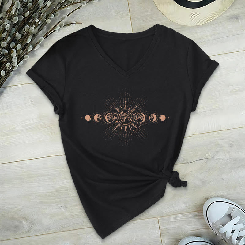 Olivenorma Boho Sun Moon Phase Celestial Graphic Women's V Neck T-Shirt - Black - 2XL - image 0