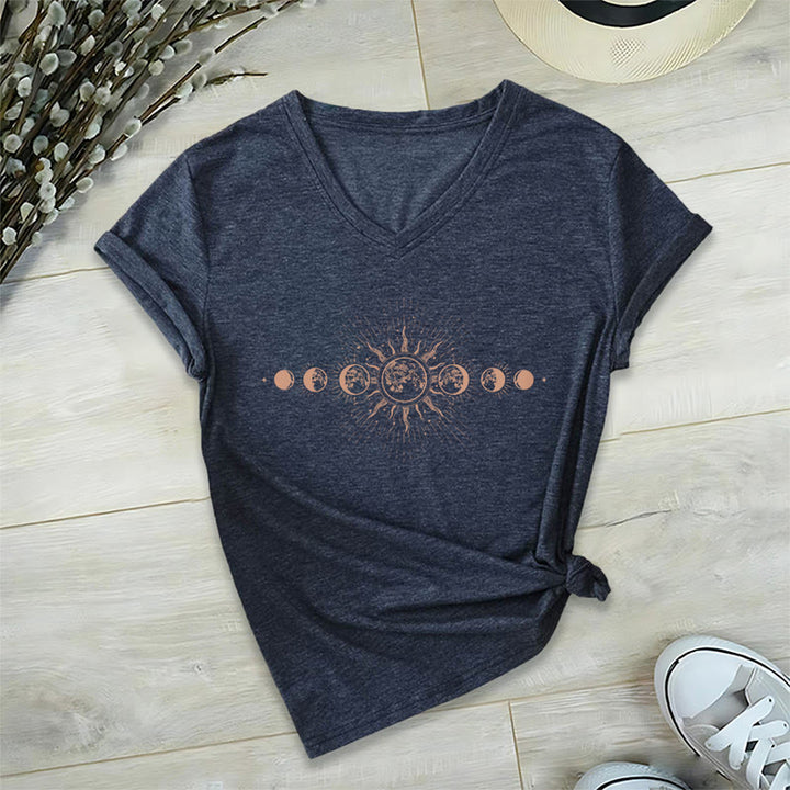 Olivenorma Boho Sun Moon Phase Celestial Graphic Women's V Neck T-Shirt - Navy Blue - 2XL - image 21