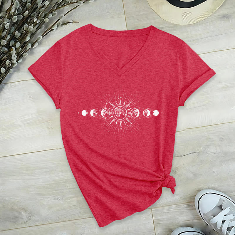Olivenorma Boho Sun Moon Phase Celestial Graphic Women's V Neck T-Shirt - Red - 2XL - image 27