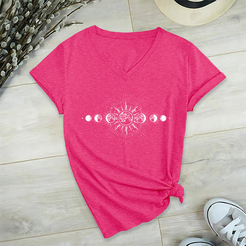 Olivenorma Boho Sun Moon Phase Celestial Graphic Women's V Neck T-Shirt - Rose Red - 2XL - image 33