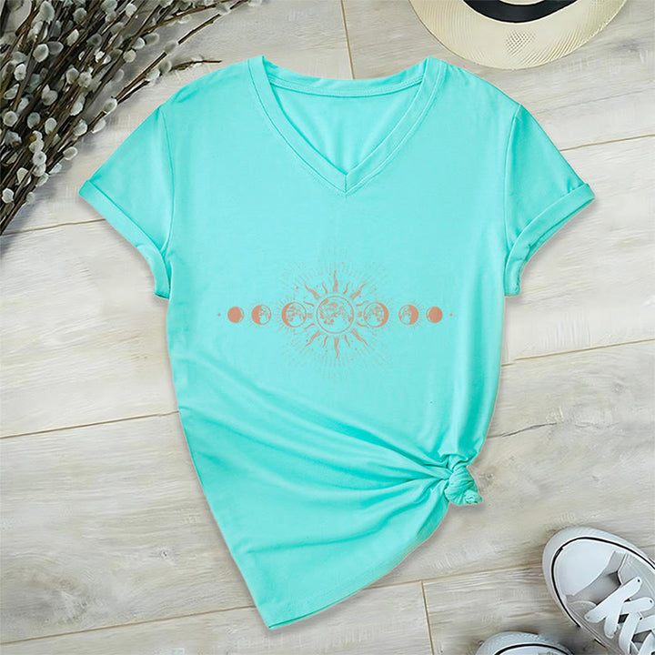 Olivenorma Boho Sun Moon Phase Celestial Graphic Women's V Neck T-Shirt - Lake Blue - 2XL - image 12