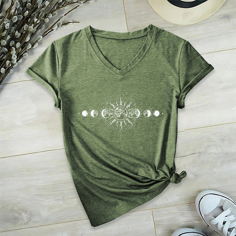 Olivenorma Boho Sun Moon Phase Celestial Graphic Women's V Neck T-Shirt - Olive Green - 2XL - image 3