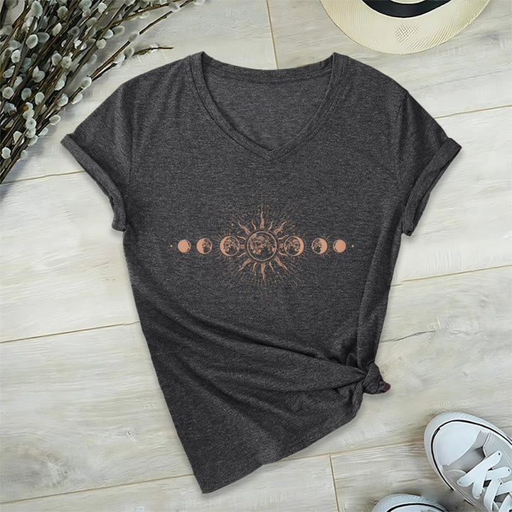 Olivenorma Boho Sun Moon Phase Celestial Graphic Women's V Neck T-Shirt - Gray - 2XL - image 15