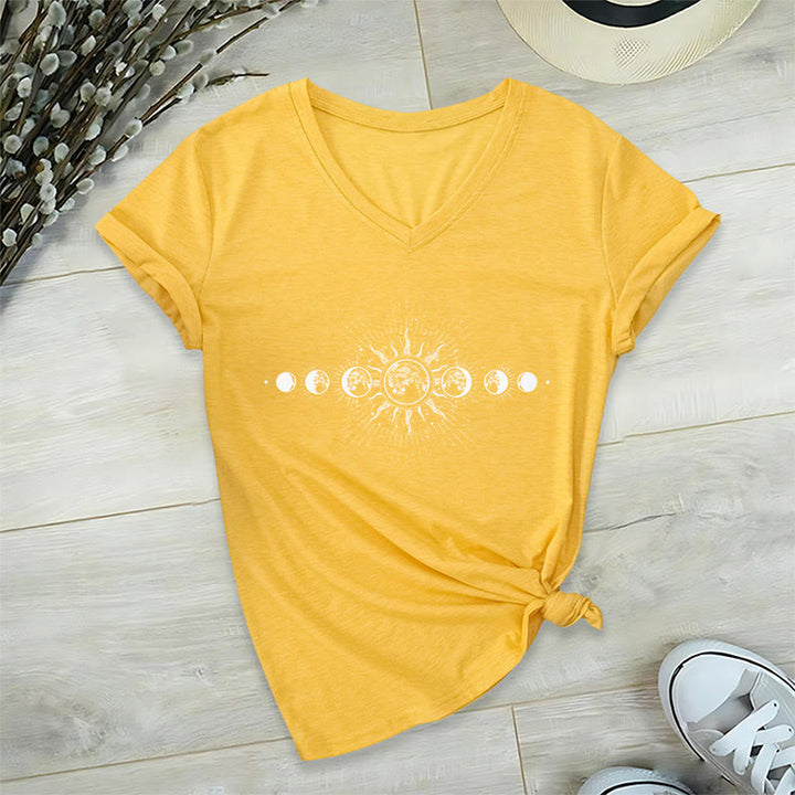 Olivenorma Boho Sun Moon Phase Celestial Graphic Women's V Neck T-Shirt - Yellow - 2XL - image 30