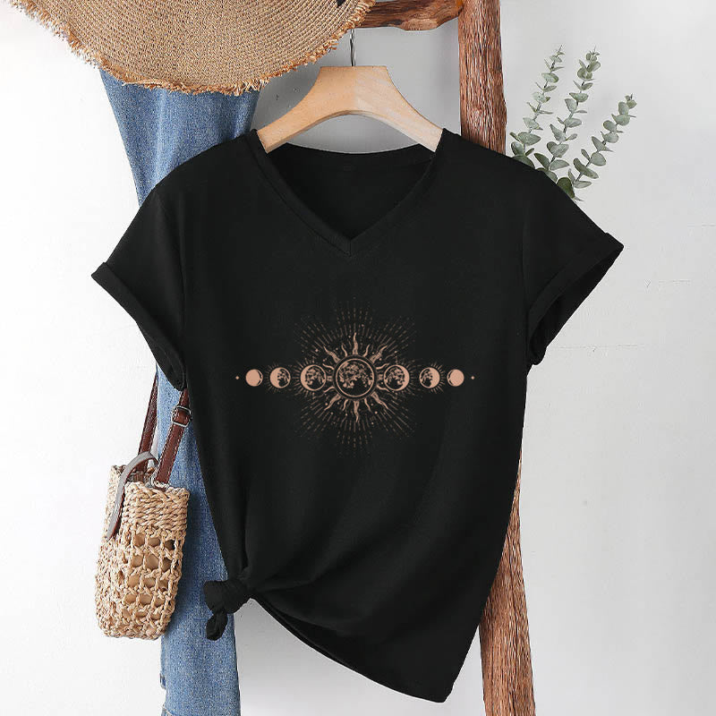 Olivenorma Boho Sun Moon Phase Celestial Graphic Women's V Neck T-Shirt - image 1