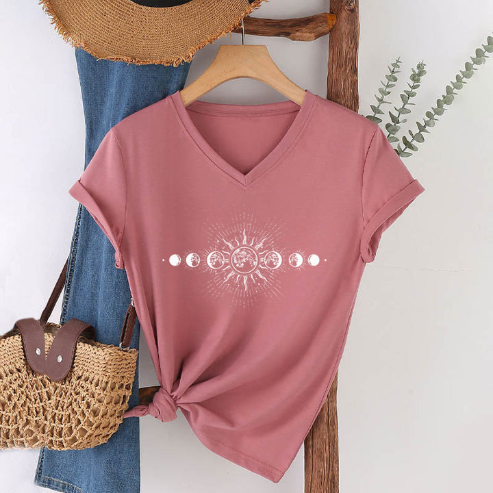 Olivenorma Boho Sun Moon Phase Celestial Graphic Women's V Neck T-Shirt - image 10