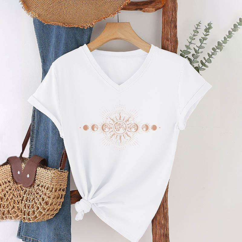 Olivenorma Boho Sun Moon Phase Celestial Graphic Women's V Neck T-Shirt - image 19