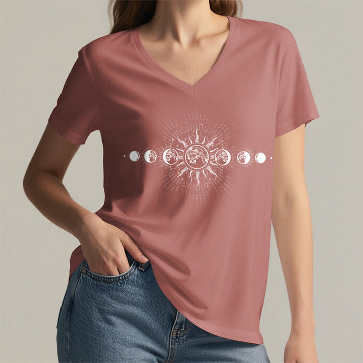 Olivenorma Boho Sun Moon Phase Celestial Graphic Women's V Neck T-Shirt - image 11