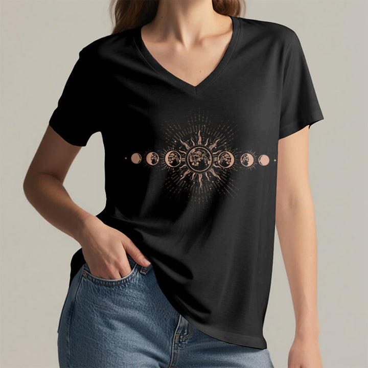Olivenorma Boho Sun Moon Phase Celestial Graphic Women's V Neck T-Shirt - image 2