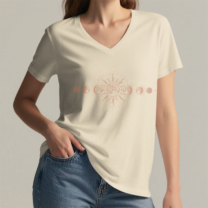 Olivenorma Boho Sun Moon Phase Celestial Graphic Women's V Neck T-Shirt - image 8