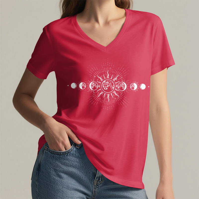 Olivenorma Boho Sun Moon Phase Celestial Graphic Women's V Neck T-Shirt - image 29