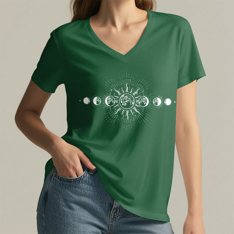 Olivenorma Boho Sun Moon Phase Celestial Graphic Women's V Neck T-Shirt - image 26