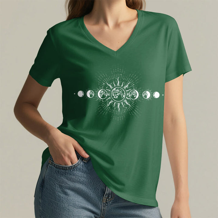 Olivenorma Boho Sun Moon Phase Celestial Graphic Women's V Neck T-Shirt - image 26