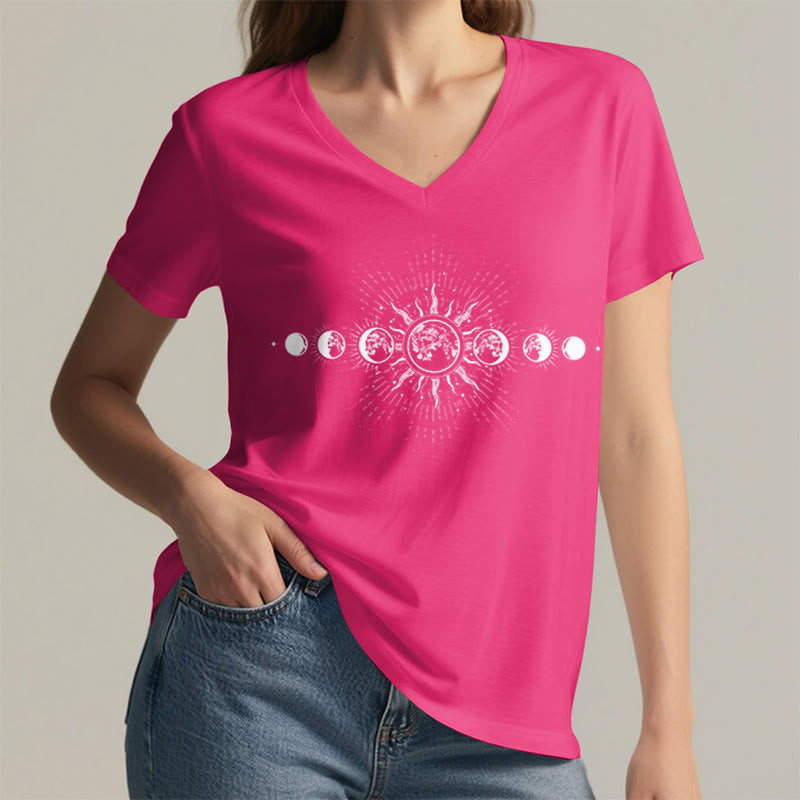 Olivenorma Boho Sun Moon Phase Celestial Graphic Women's V Neck T-Shirt - image 35