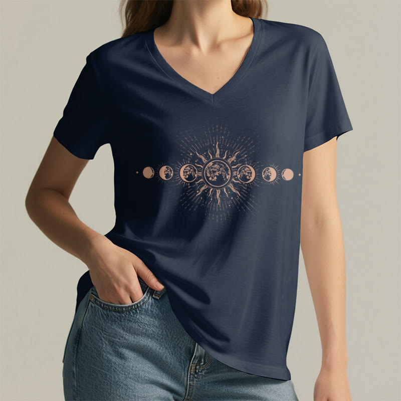 Olivenorma Boho Sun Moon Phase Celestial Graphic Women's V Neck T-Shirt - image 23