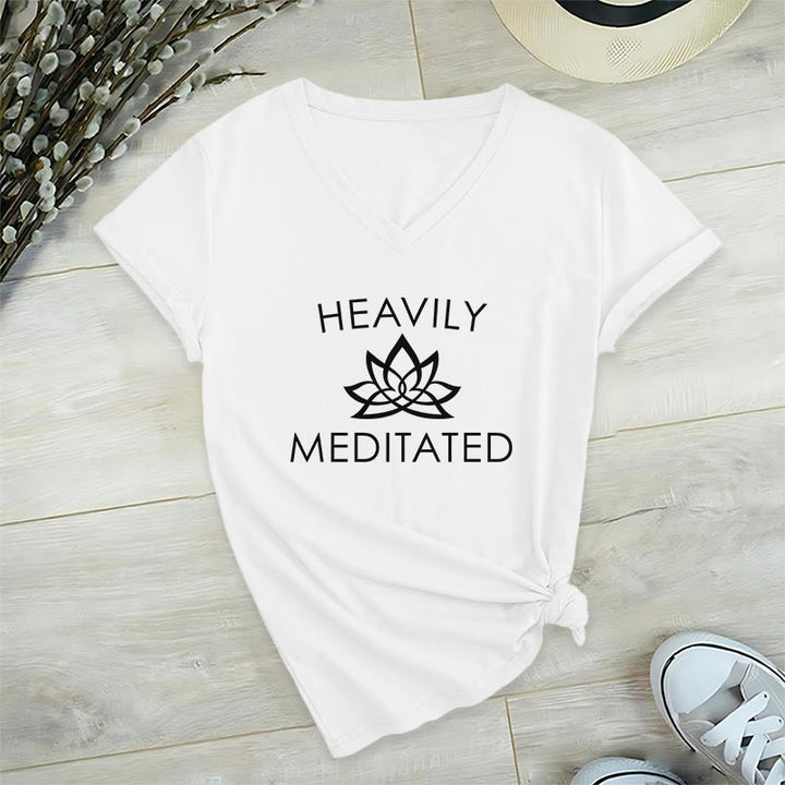 Olivenorma Heavily Meditated Lotus Flower Minimal Graphic Women's V Neck T-Shirt - White - 2XL - image 0