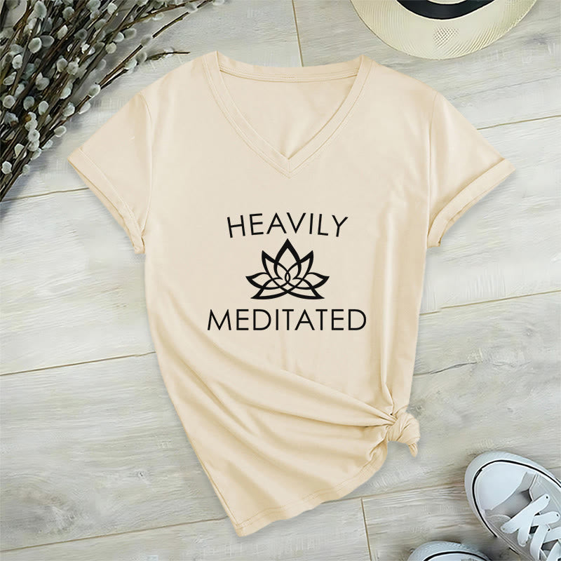 Olivenorma Heavily Meditated Lotus Flower Minimal Graphic Women's V Neck T-Shirt - Khaki - 2XL - image 6