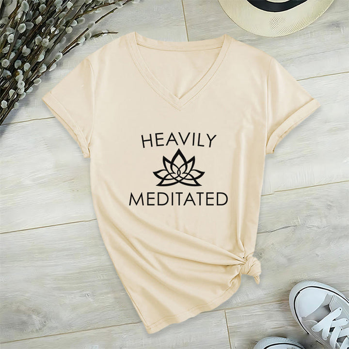 Olivenorma Heavily Meditated Lotus Flower Minimal Graphic Women's V Neck T-Shirt - Khaki - 2XL - image 6