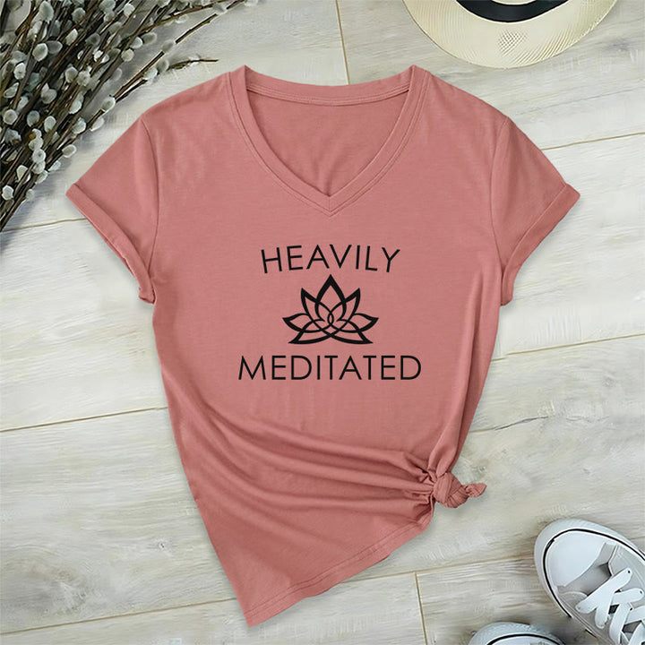 Olivenorma Heavily Meditated Lotus Flower Minimal Graphic Women's V Neck T-Shirt - Pink - 2XL - image 9