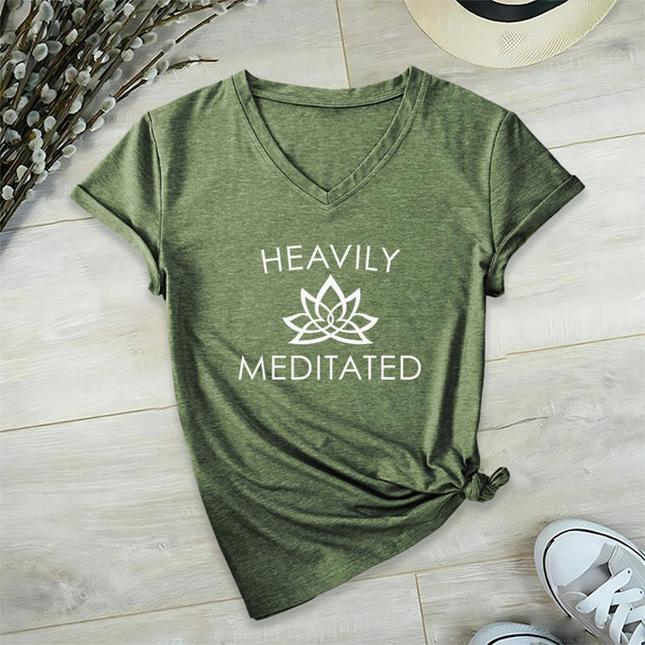 Olivenorma Heavily Meditated Lotus Flower Minimal Graphic Women's V Neck T-Shirt - Olive Green - 2XL - image 3
