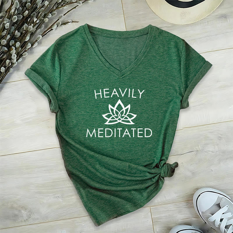 Olivenorma Heavily Meditated Lotus Flower Minimal Graphic Women's V Neck T-Shirt - Dark Green - 2XL - image 24