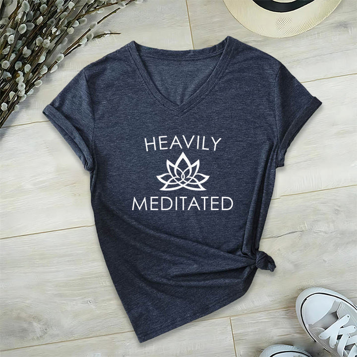 Olivenorma Heavily Meditated Lotus Flower Minimal Graphic Women's V Neck T-Shirt - Navy Blue - 2XL - image 21