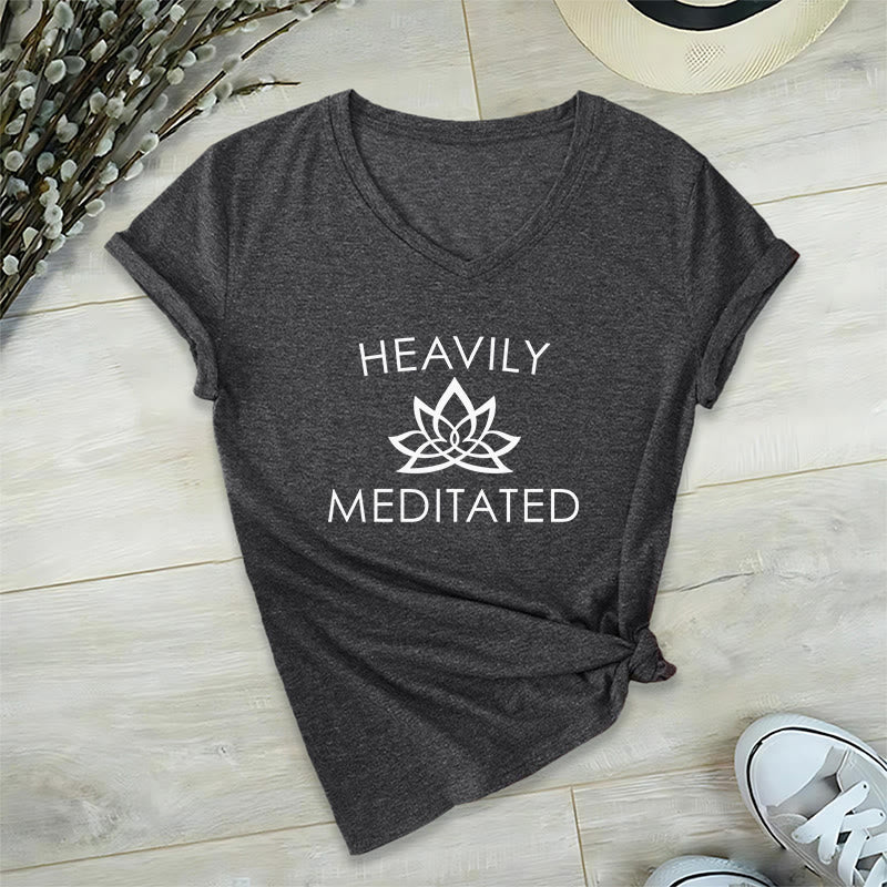 Olivenorma Heavily Meditated Lotus Flower Minimal Graphic Women's V Neck T-Shirt - Gray - 2XL - image 18