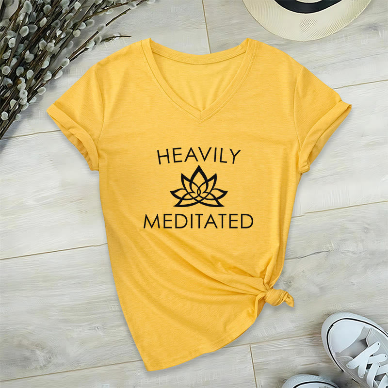 Olivenorma Heavily Meditated Lotus Flower Minimal Graphic Women's V Neck T-Shirt - Yellow - 2XL - image 30