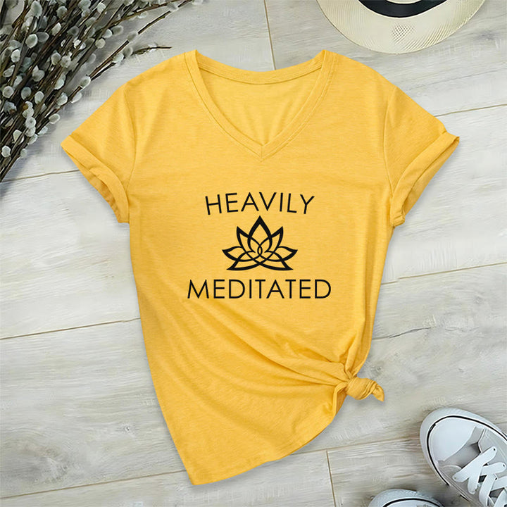 Olivenorma Heavily Meditated Lotus Flower Minimal Graphic Women's V Neck T-Shirt - Yellow - 2XL - image 30