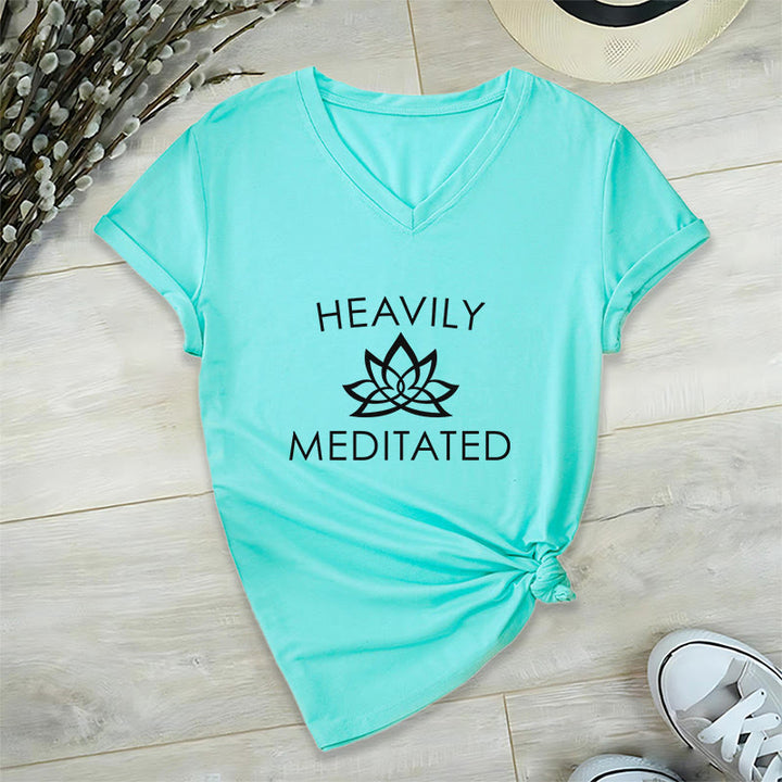 Olivenorma Heavily Meditated Lotus Flower Minimal Graphic Women's V Neck T-Shirt - Lake Blue - 2XL - image 12