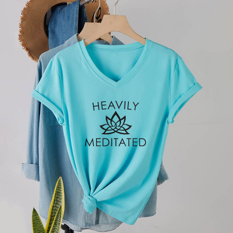 Olivenorma Heavily Meditated Lotus Flower Minimal Graphic Women's V Neck T-Shirt - image 13