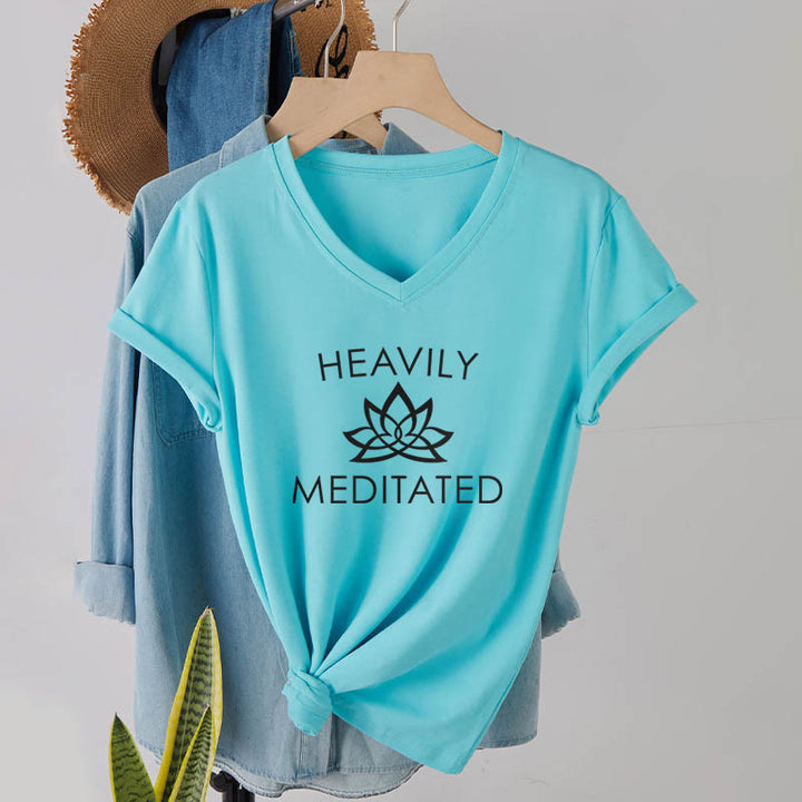 Olivenorma Heavily Meditated Lotus Flower Minimal Graphic Women's V Neck T-Shirt - image 13