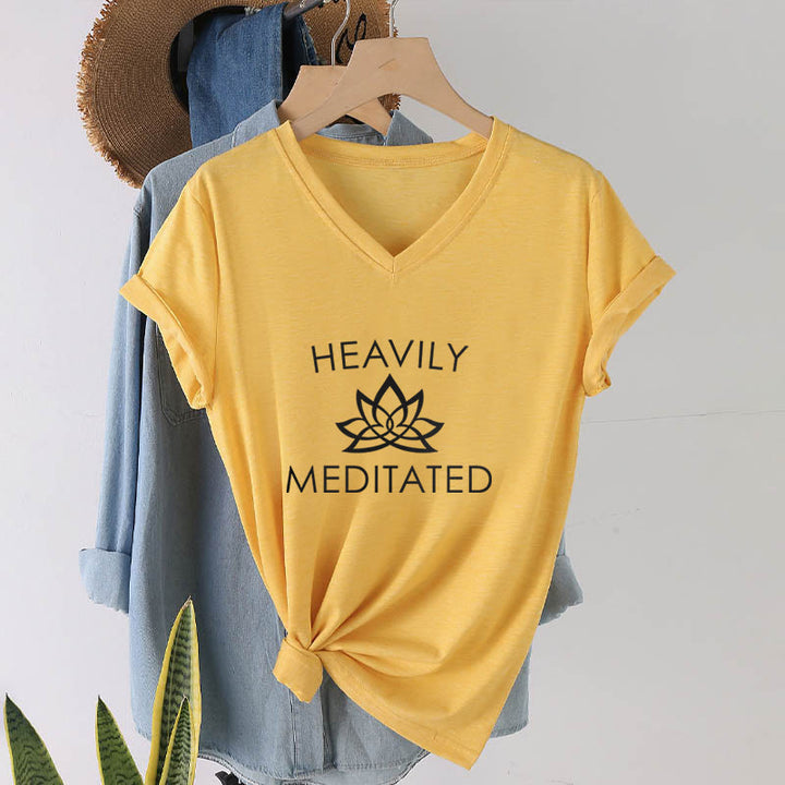 Olivenorma Heavily Meditated Lotus Flower Minimal Graphic Women's V Neck T-Shirt - image 31