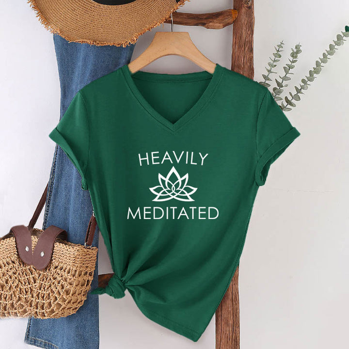 Olivenorma Heavily Meditated Lotus Flower Minimal Graphic Women's V Neck T-Shirt - image 25