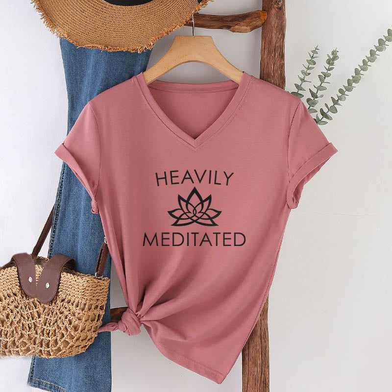 Olivenorma Heavily Meditated Lotus Flower Minimal Graphic Women's V Neck T-Shirt - image 10