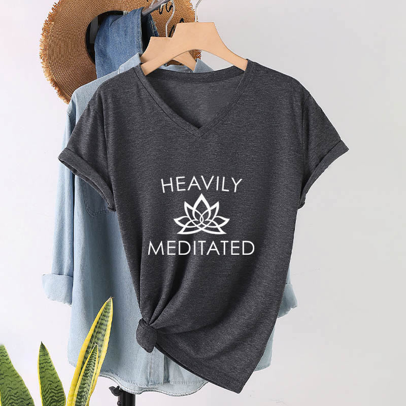 Olivenorma Heavily Meditated Lotus Flower Minimal Graphic Women's V Neck T-Shirt - image 19
