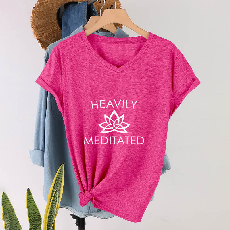 Olivenorma Heavily Meditated Lotus Flower Minimal Graphic Women's V Neck T-Shirt - image 34