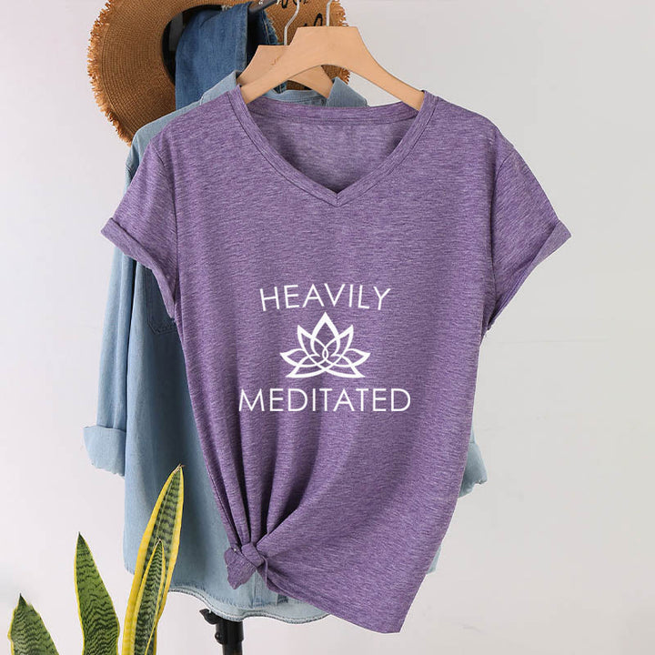 Olivenorma Heavily Meditated Lotus Flower Minimal Graphic Women's V Neck T-Shirt - image 37