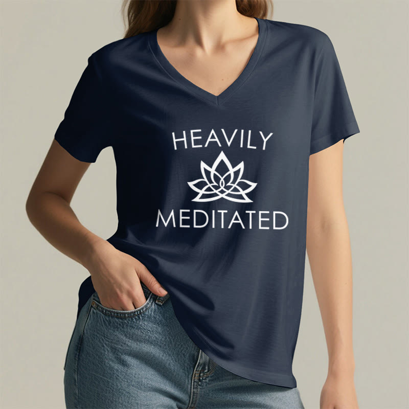 Olivenorma Heavily Meditated Lotus Flower Minimal Graphic Women's V Neck T-Shirt - image 23