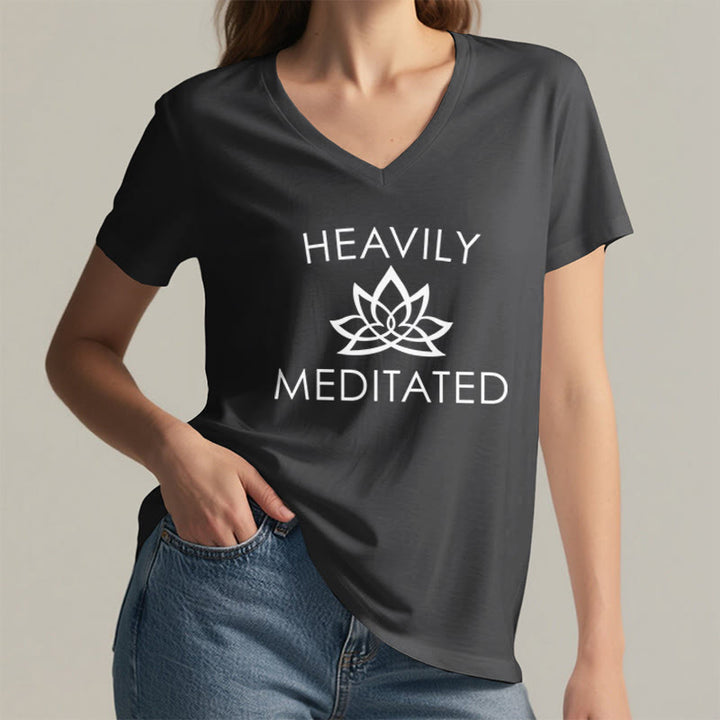 Olivenorma Heavily Meditated Lotus Flower Minimal Graphic Women's V Neck T-Shirt - image 20