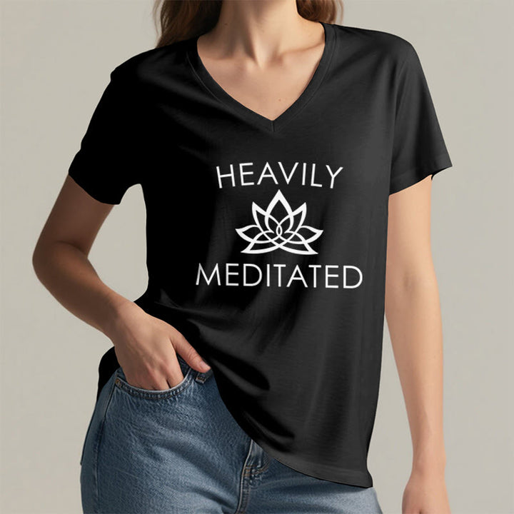 Olivenorma Heavily Meditated Lotus Flower Minimal Graphic Women's V Neck T-Shirt - image 17