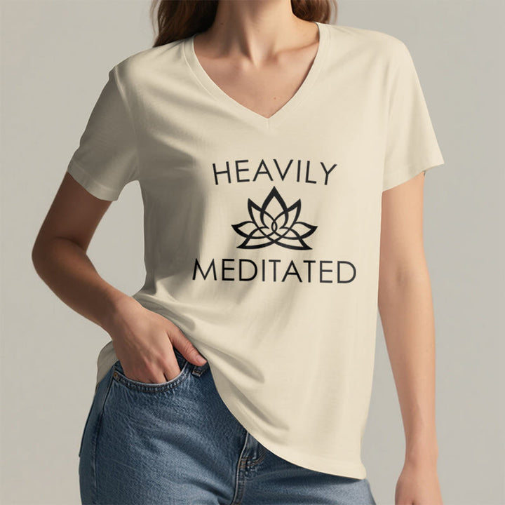 Olivenorma Heavily Meditated Lotus Flower Minimal Graphic Women's V Neck T-Shirt - image 8