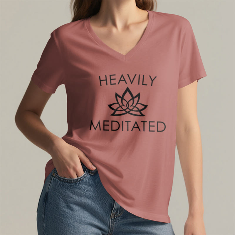 Olivenorma Heavily Meditated Lotus Flower Minimal Graphic Women's V Neck T-Shirt - image 11