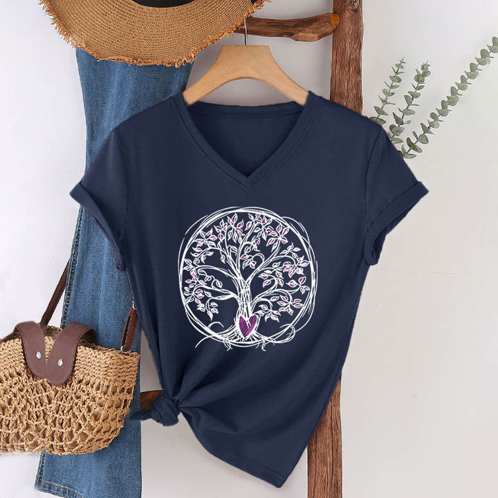 Olivenorma Circle Heart Root Tree Of Life Boho Graphic Women's V Neck T-Shirt - Navy Blue - 2XL - image 21