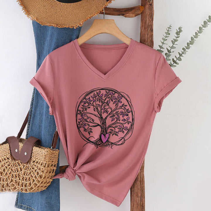 Olivenorma Circle Heart Root Tree Of Life Boho Graphic Women's V Neck T-Shirt - Pink - 2XL - image 6
