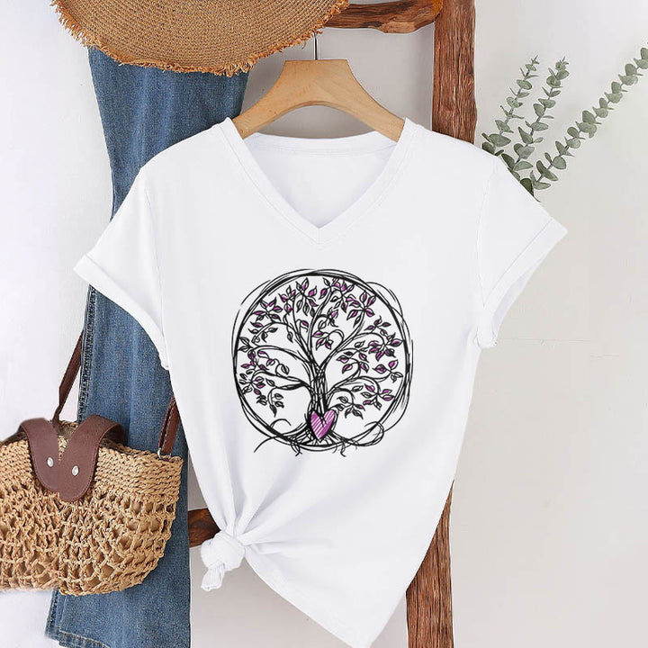 Olivenorma Circle Heart Root Tree Of Life Boho Graphic Women's V Neck T-Shirt - White - 2XL - image 18
