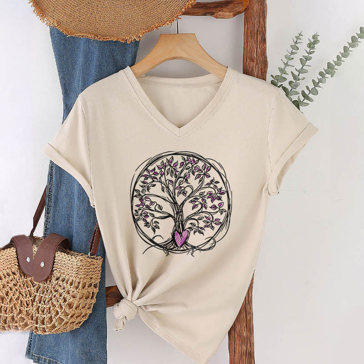Olivenorma Circle Heart Root Tree Of Life Boho Graphic Women's V Neck T-Shirt - Khaki - 2XL - image 3