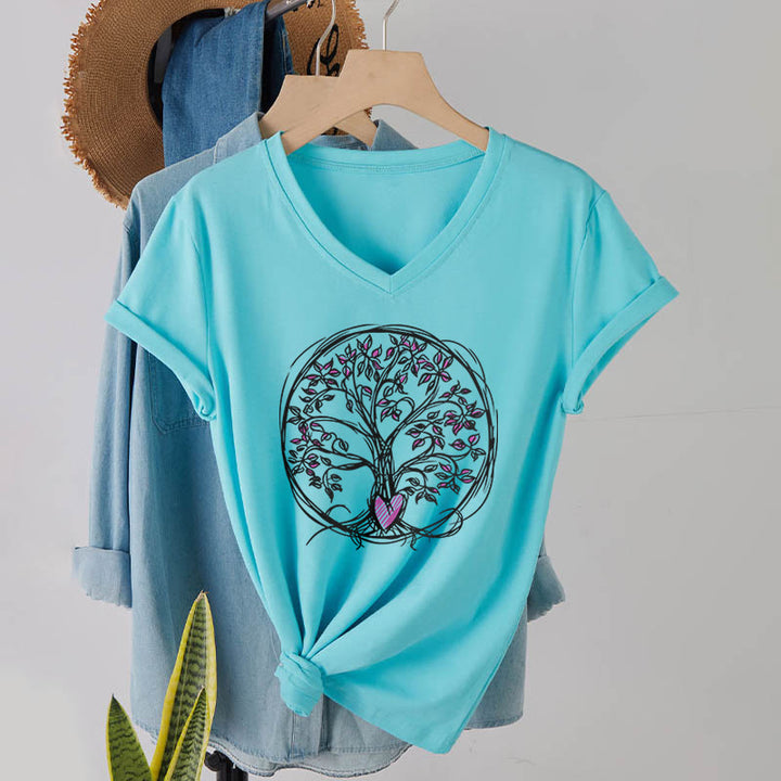 Olivenorma Circle Heart Root Tree Of Life Boho Graphic Women's V Neck T-Shirt - Lake Blue - 2XL - image 9