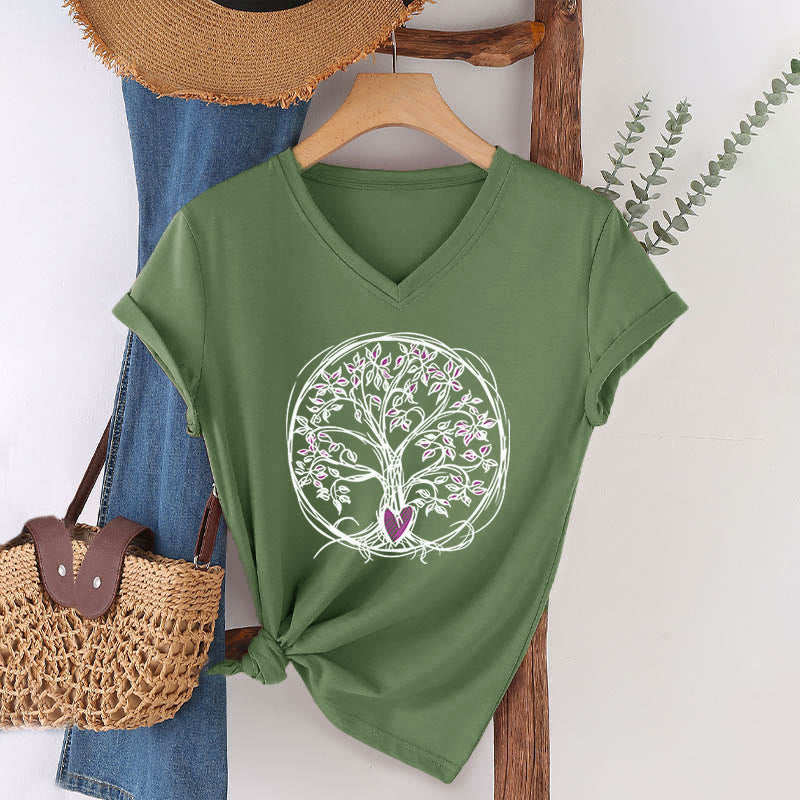 Olivenorma Circle Heart Root Tree Of Life Boho Graphic Women's V Neck T-Shirt - Olive Green - 2XL - image 0