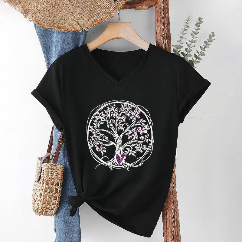 Olivenorma Circle Heart Root Tree Of Life Boho Graphic Women's V Neck T-Shirt - Black - 2XL - image 12